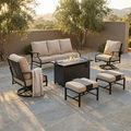 Black Metal Meshed 7 Seat 6-Piece Steel Outdoor Fire Pit Patio Set with Beige Cushions, Black Rectangular Fire Pit Table