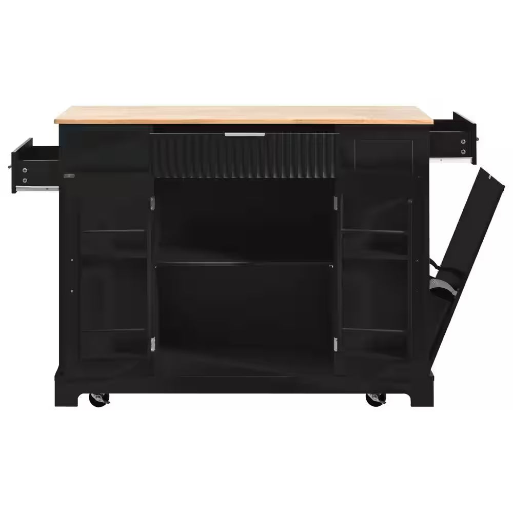 Black 48.5 In. Outdoor Kitchen Island Grill Cart with Wood Tabletop and Storage Cabinet
