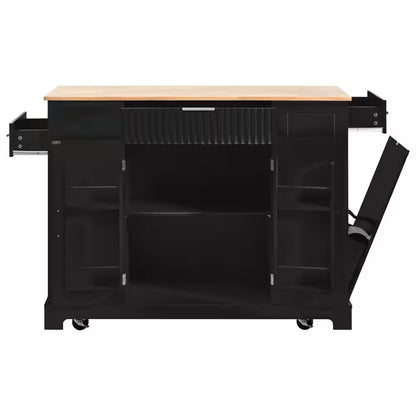 Black 48.5 In. Outdoor Kitchen Island Grill Cart with Wood Tabletop and Storage Cabinet