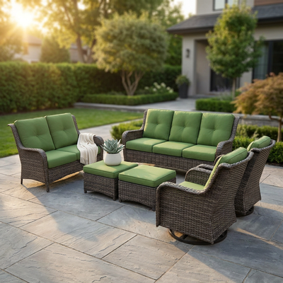 Patio Furniture Set 6-Piece Outdoor Patio Conversation Set with Green Cushions Lawn Furniture