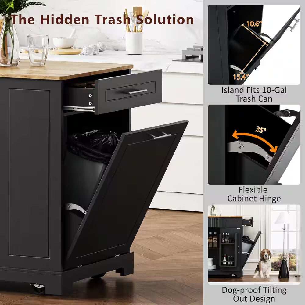 Black 48.5 In. Outdoor Kitchen Island Grill Cart with Wood Tabletop and Storage Cabinet
