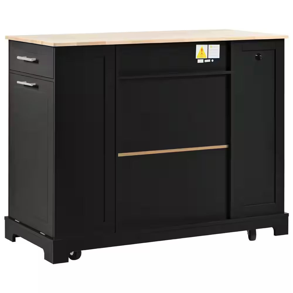 Black 48.5 In. Outdoor Kitchen Island Grill Cart with Wood Tabletop and Storage Cabinet