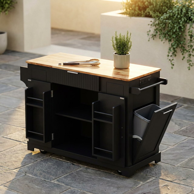 Black 48.5 In. Outdoor Kitchen Island Grill Cart with Wood Tabletop and Storage Cabinet — Studio Shot
