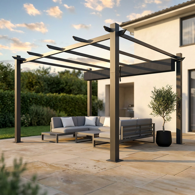 16 Ft. W X 12 Ft. D Aluminum Pergola Outdoor with Dark Gray Retractable Canopy