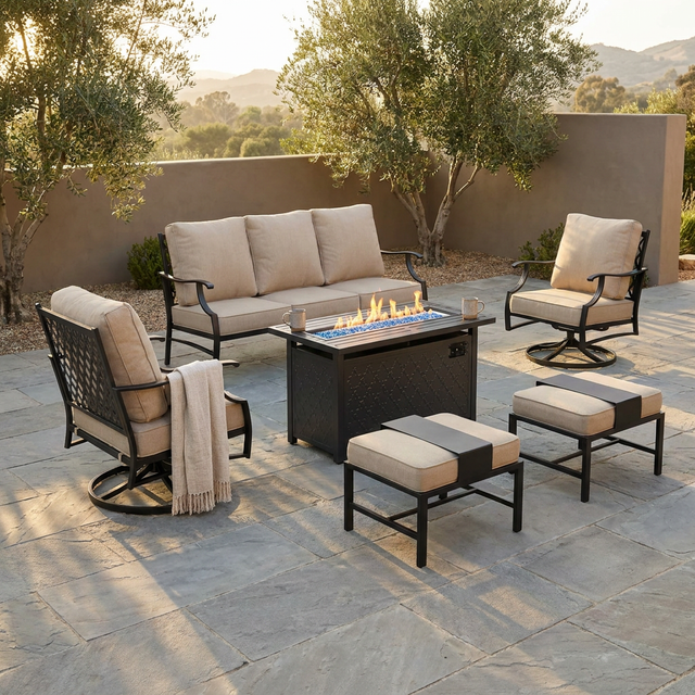 Black Metal Meshed 7 Seat 6-Piece Steel Outdoor Fire Pit Patio Set with Beige Cushions, Black Rectangular Fire Pit Table — Studio Shot