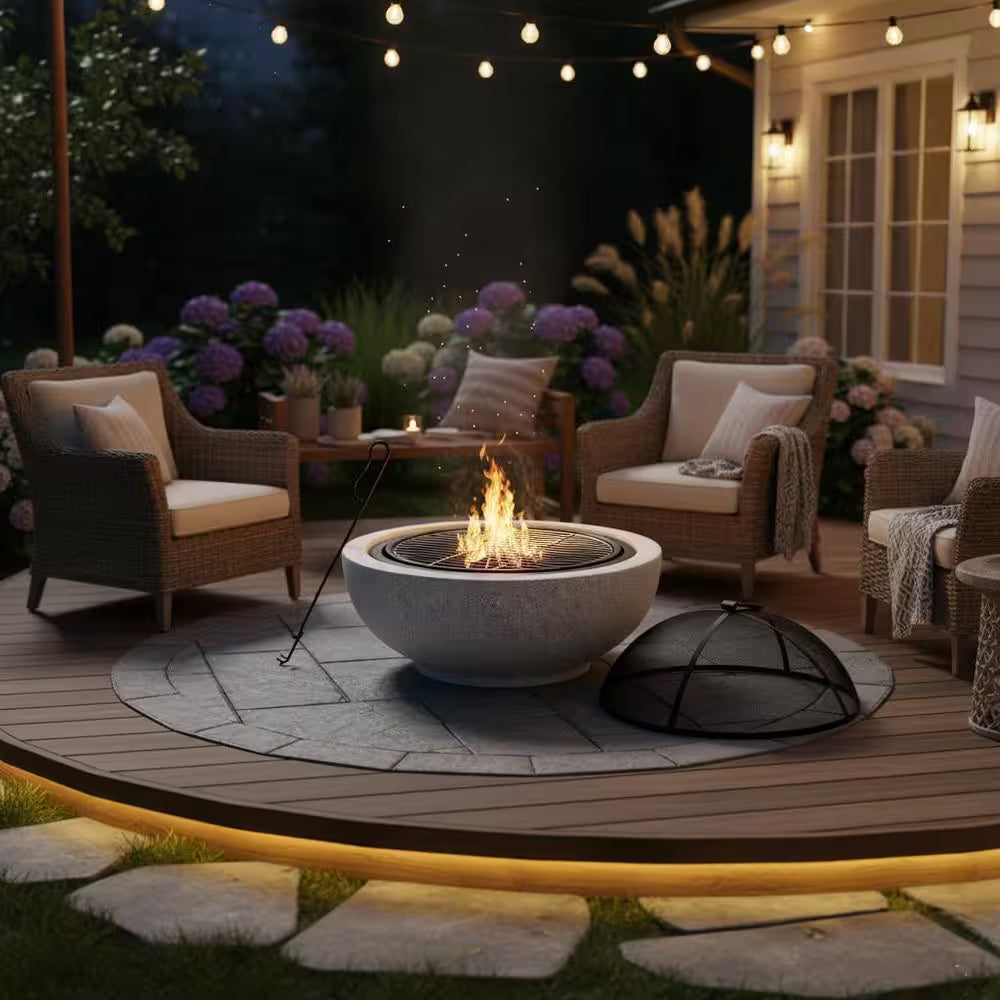 Contemporary Wood round Burning Fire Pit in Grey